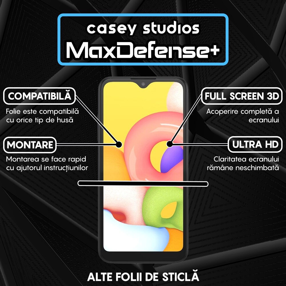 Folie Sticla CASEY STUDIOS™ compatibila cu Samsung Galaxy A01, Full Cover 3D, Full Glue, Duritate Militara, Ultra HD, Protectie Profesionala Ecran 3D, Anti Zgarieturi, Anti Socuri, Margini Negre