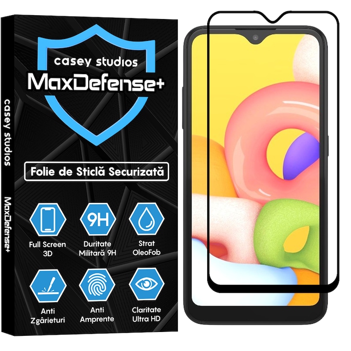 Folie Sticla CASEY STUDIOS™ compatibila cu Samsung Galaxy A01, Full Cover 3D, Full Glue, Duritate Militara, Ultra HD, Protectie Profesionala Ecran 3D, Anti Zgarieturi, Anti Socuri, Margini Negre