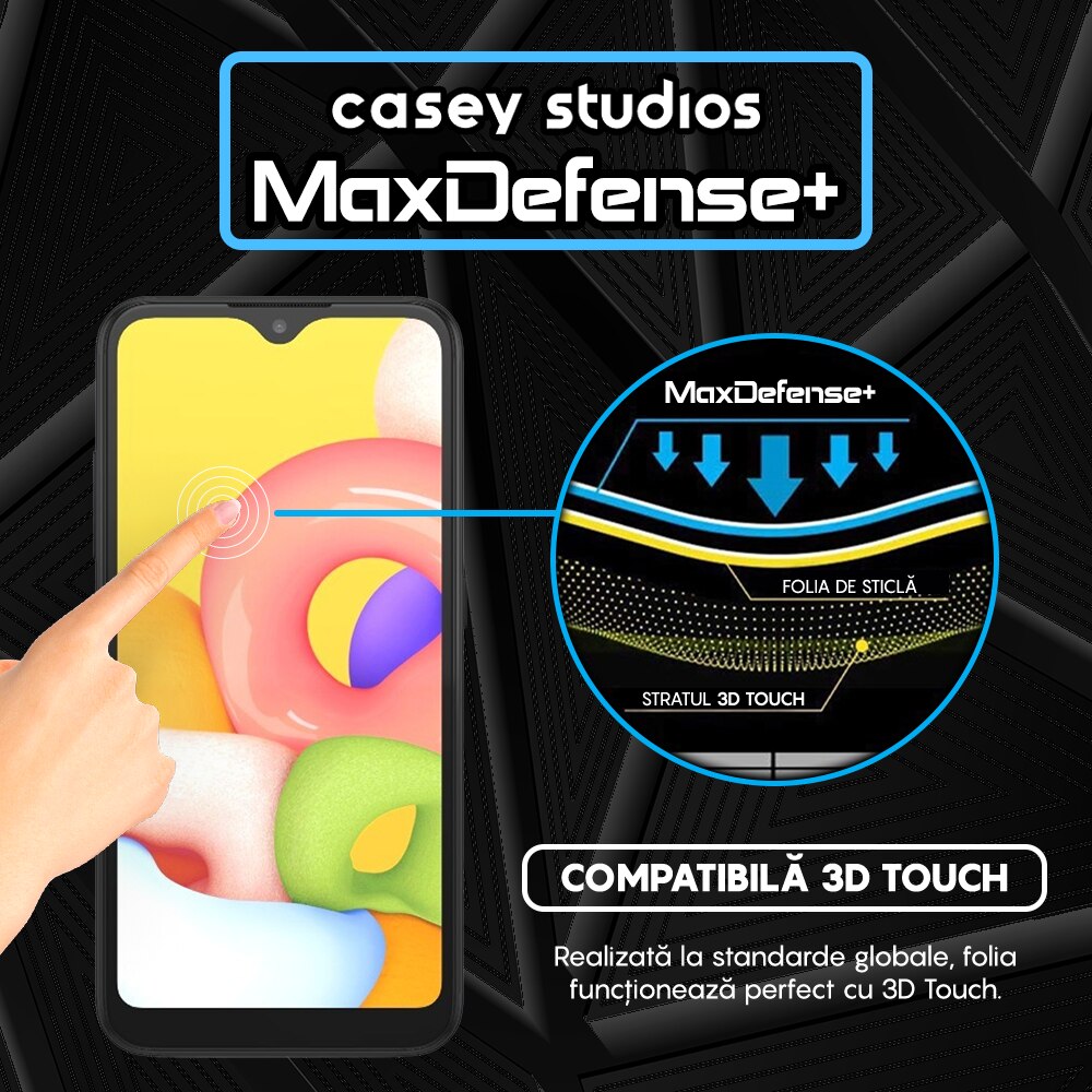 Folie Sticla CASEY STUDIOS™ compatibila cu Samsung Galaxy A01, Full Cover 3D, Full Glue, Duritate Militara, Ultra HD, Protectie Profesionala Ecran 3D, Anti Zgarieturi, Anti Socuri, Margini Negre