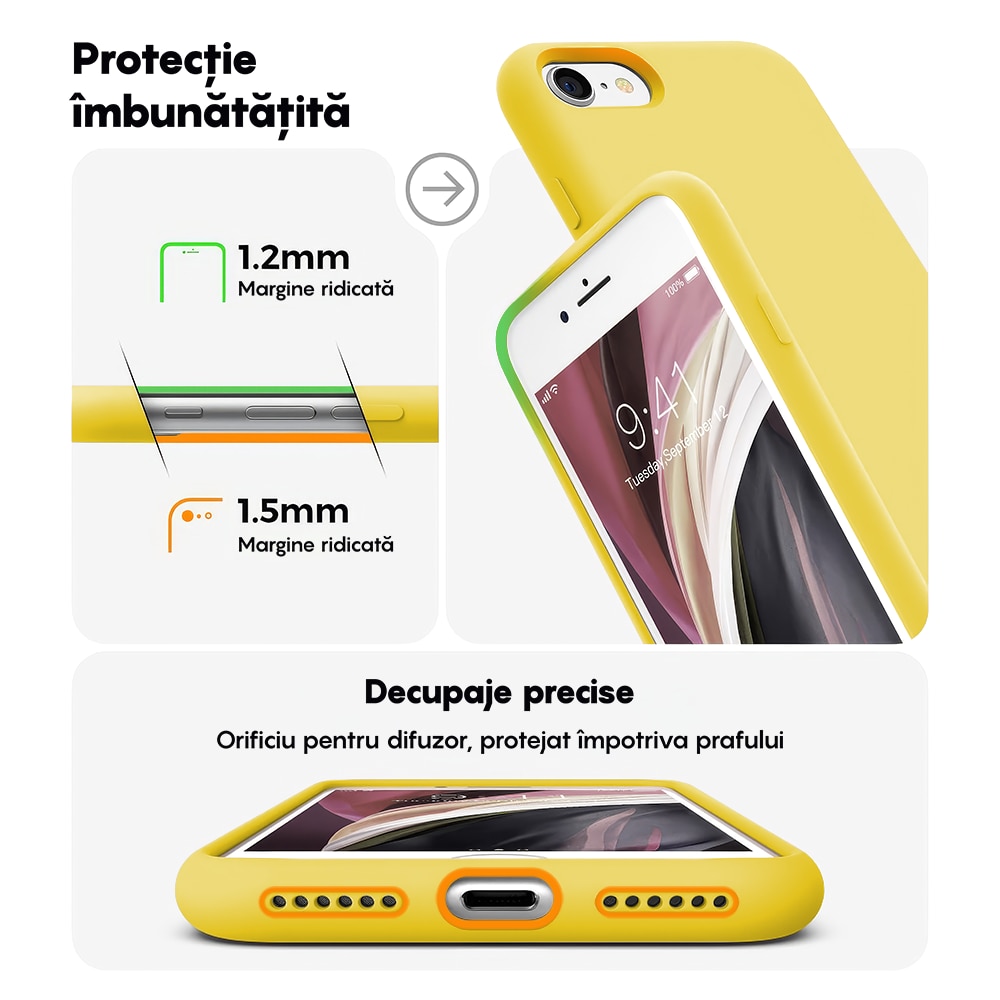 Husa CASEY STUDIOS™ compatibila cu iPhone 7 / 8 / SE 2 / SE 2020 / SE 3 2022, Soft Silicone Premium, Microfibra in Interior, Yellow, de Protectie, Ultra Slim, pentru Incarcare Wireless, Margini Ridicate de Protectia Ecranului si a Camerelor