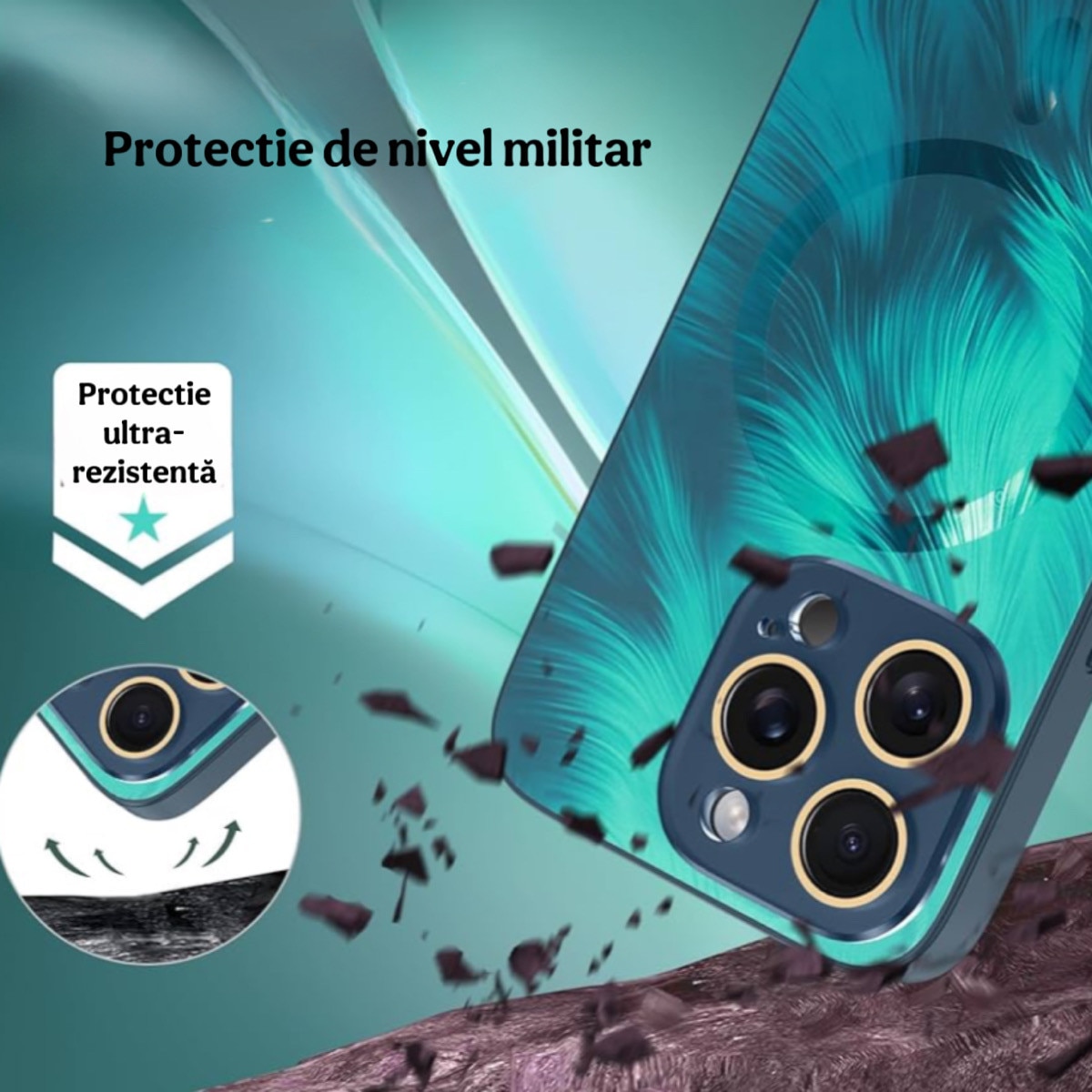 Husa de Protectie Pentru iPhone 15 ProMax MagSafe, model Turcoaz, lucios cu efect 3D tip Pana, design elegant si protectie completa inclusiv Lentile impotriva socurilor si zgarieturilor