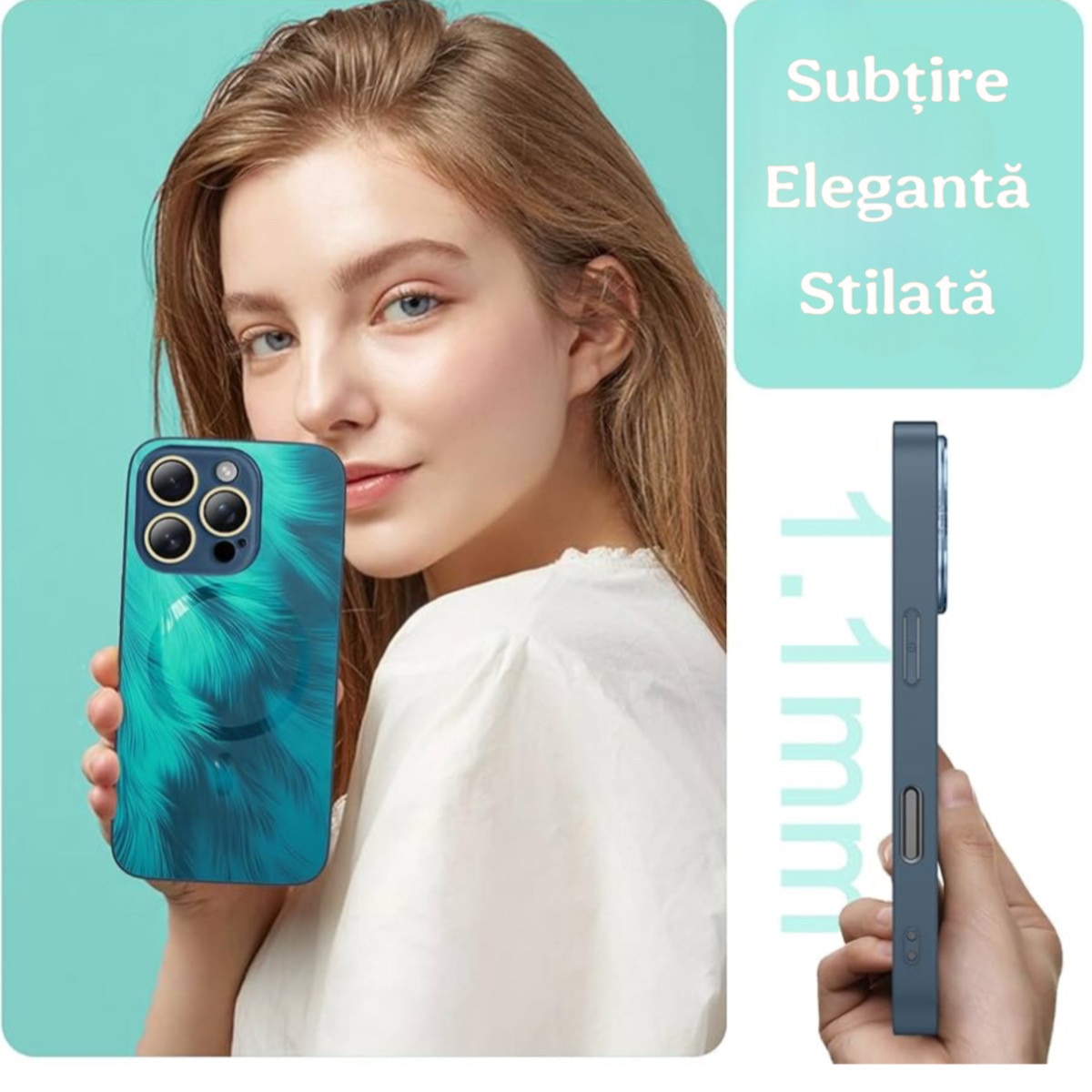 Husa de Protectie Pentru iPhone 15 ProMax MagSafe, model Turcoaz, lucios cu efect 3D tip Pana, design elegant si protectie completa inclusiv Lentile impotriva socurilor si zgarieturilor