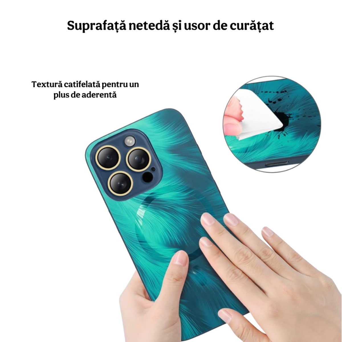 Husa de Protectie Pentru iPhone 15 ProMax MagSafe, model Turcoaz, lucios cu efect 3D tip Pana, design elegant si protectie completa inclusiv Lentile impotriva socurilor si zgarieturilor