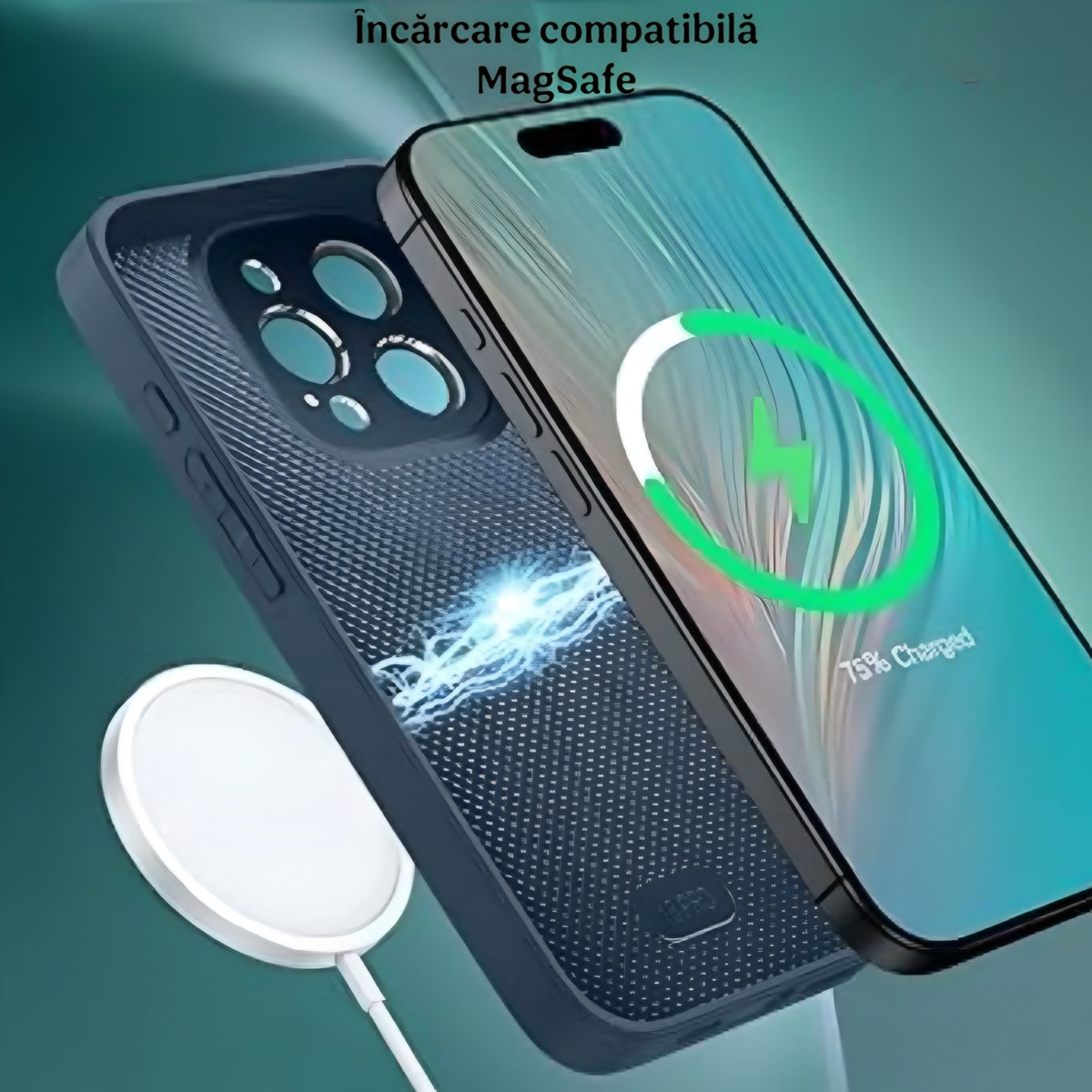 Husa de Protectie Pentru iPhone 15 ProMax MagSafe, model Turcoaz, lucios cu efect 3D tip Pana, design elegant si protectie completa inclusiv Lentile impotriva socurilor si zgarieturilor