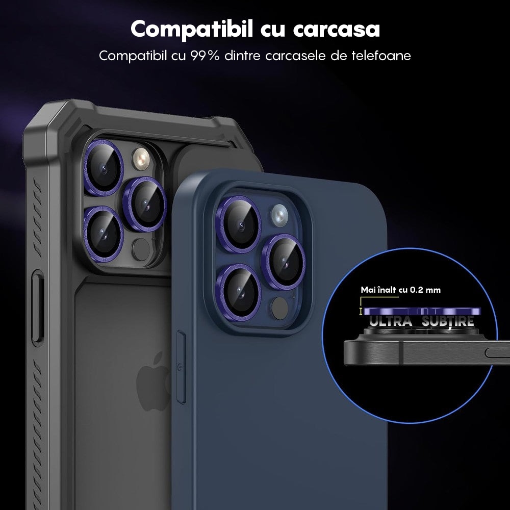 Folie Protectie Lentile Camera compatibila cu iPhone 12 Pro, CASEY STUDIOS™ MaxDefense+, Ultra HD, Anti Amprente, Anti Zgarieturi, Anti Socuri, Mov inchis
