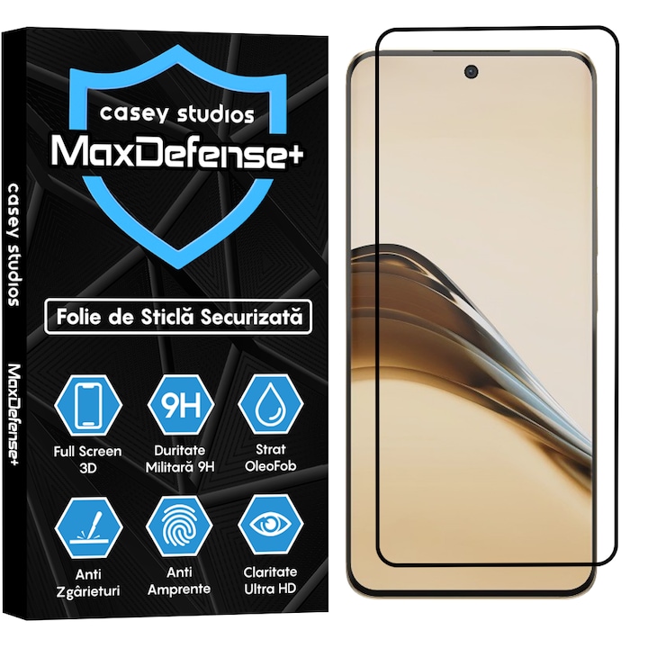 Folie Sticla CASEY STUDIOS™ compatibila cu Realme 13 Pro Plus, Full Cover 3D, Full Glue, Sticla Securizata, Duritate Militara, Ultra HD, Protectie Profesionala Ecran 3D, Anti Zgarieturi, Anti Socuri, Negru