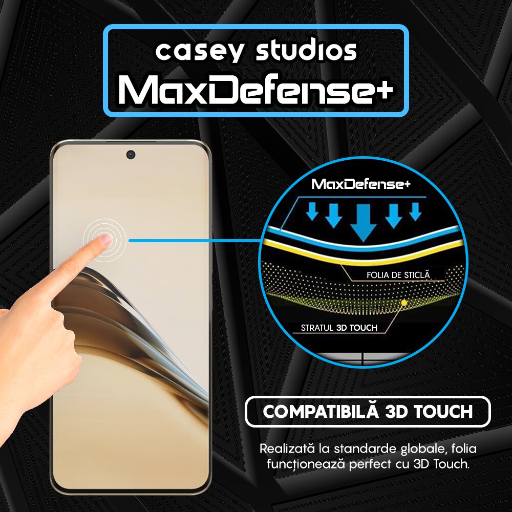 Folie Sticla CASEY STUDIOS™ compatibila cu Realme 13 Pro Plus, Full Cover 3D, Full Glue, Sticla Securizata, Duritate Militara, Ultra HD, Protectie Profesionala Ecran 3D, Anti Zgarieturi, Anti Socuri, Negru