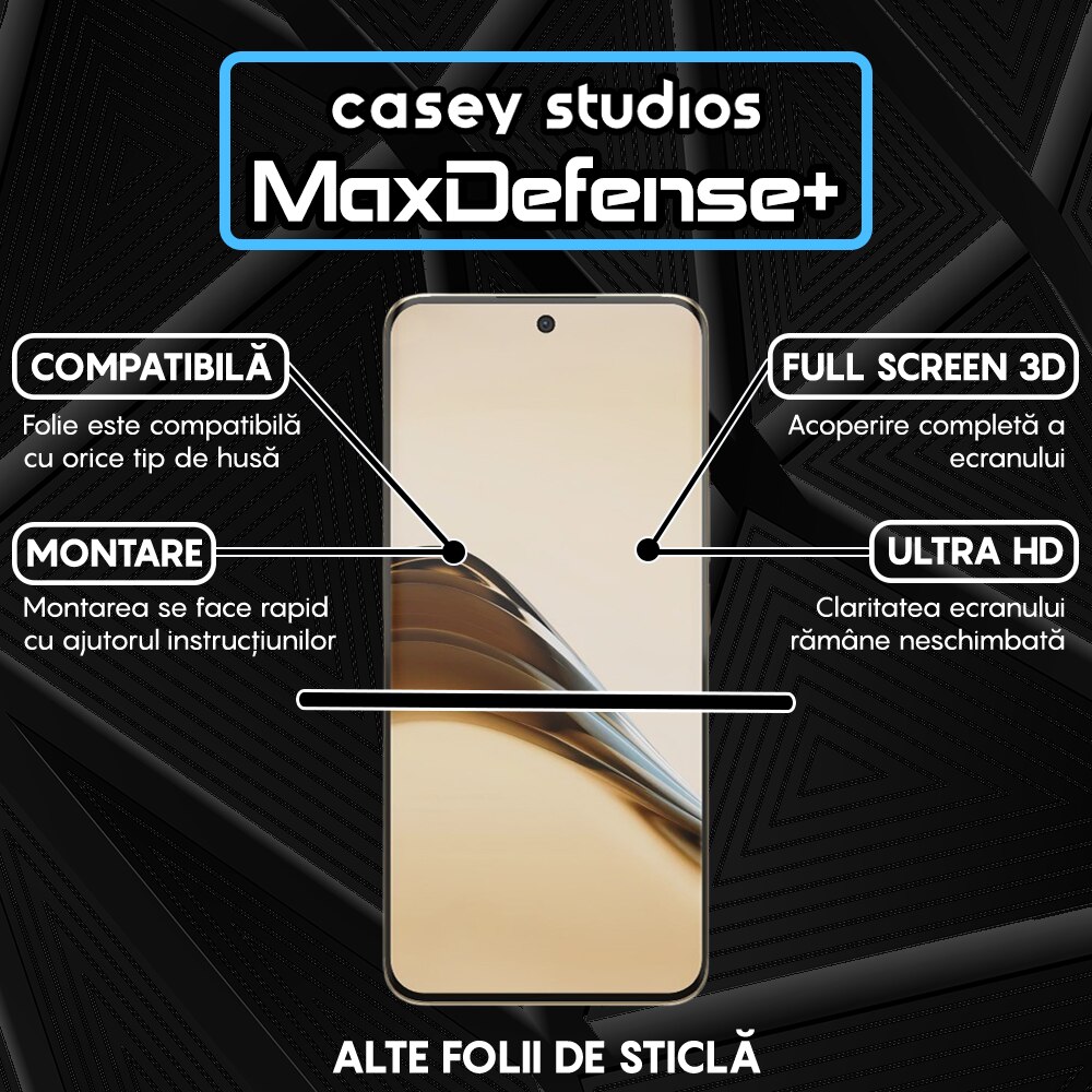 Folie Sticla CASEY STUDIOS™ compatibila cu Realme 13 Pro Plus, Full Cover 3D, Full Glue, Sticla Securizata, Duritate Militara, Ultra HD, Protectie Profesionala Ecran 3D, Anti Zgarieturi, Anti Socuri, Negru