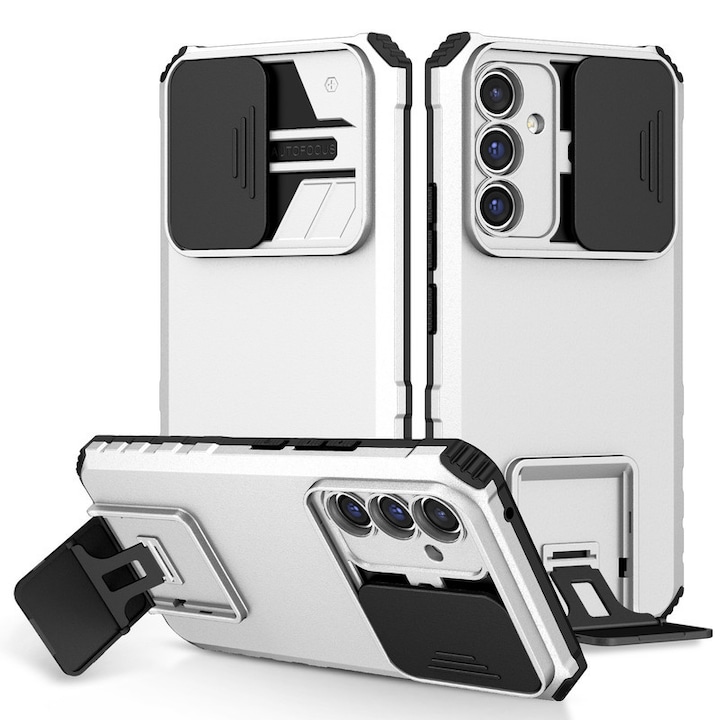 Husa telefon, pentru Samsung Galaxy S25/ alaxy S24, Fereastra glisanta, suport inovator, Alb mat