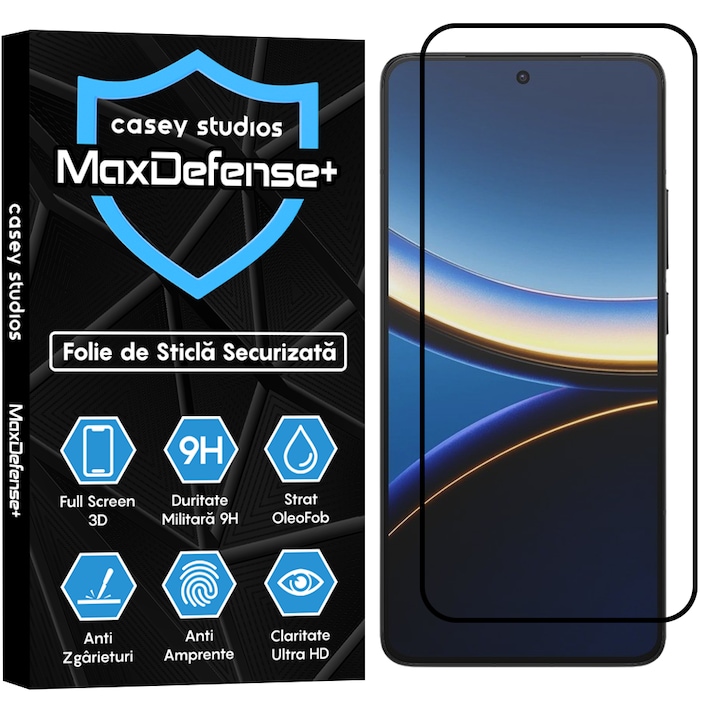 Folie Sticla CASEY STUDIOS™ compatibila cu Xiaomi Poco F7 Pro, Full Cover 3D, Full Glue, Sticla Securizata, Duritate Militara, Ultra HD, Protectie Profesionala Ecran 3D, Anti Zgarieturi, Anti Socuri, Margini Negre