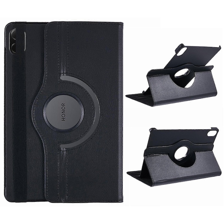 Husa tableta cu suport rotativ, pentru Honor Pad X8a/X9, piele ecologica cu textură Litchi, negru