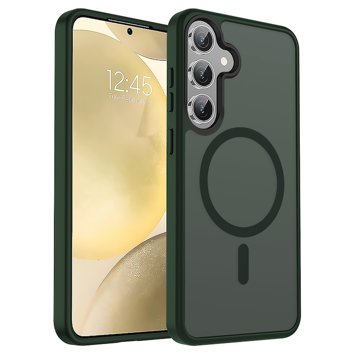 Husa compatibila cu Incarcare Magsafe pentru Samsung Galaxy S25 Plus, CASEY STUDIOS™, de Protectie, Slim, pentru Incarcare Wireless, Margini Ridicate pentru Protectia Ecranului si a Camerelor, Verde