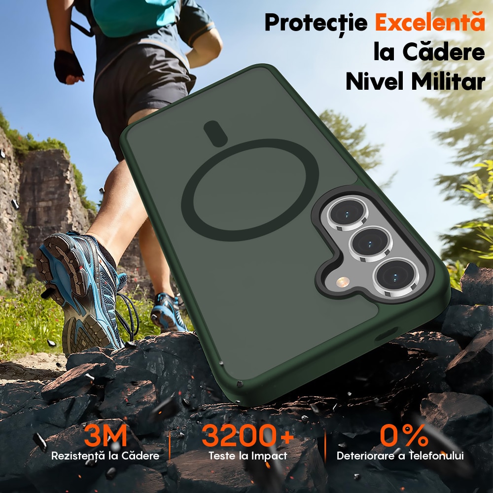 Husa compatibila cu Incarcare Magsafe pentru Samsung Galaxy S25 Plus, CASEY STUDIOS™, de Protectie, Slim, pentru Incarcare Wireless, Margini Ridicate pentru Protectia Ecranului si a Camerelor, Verde