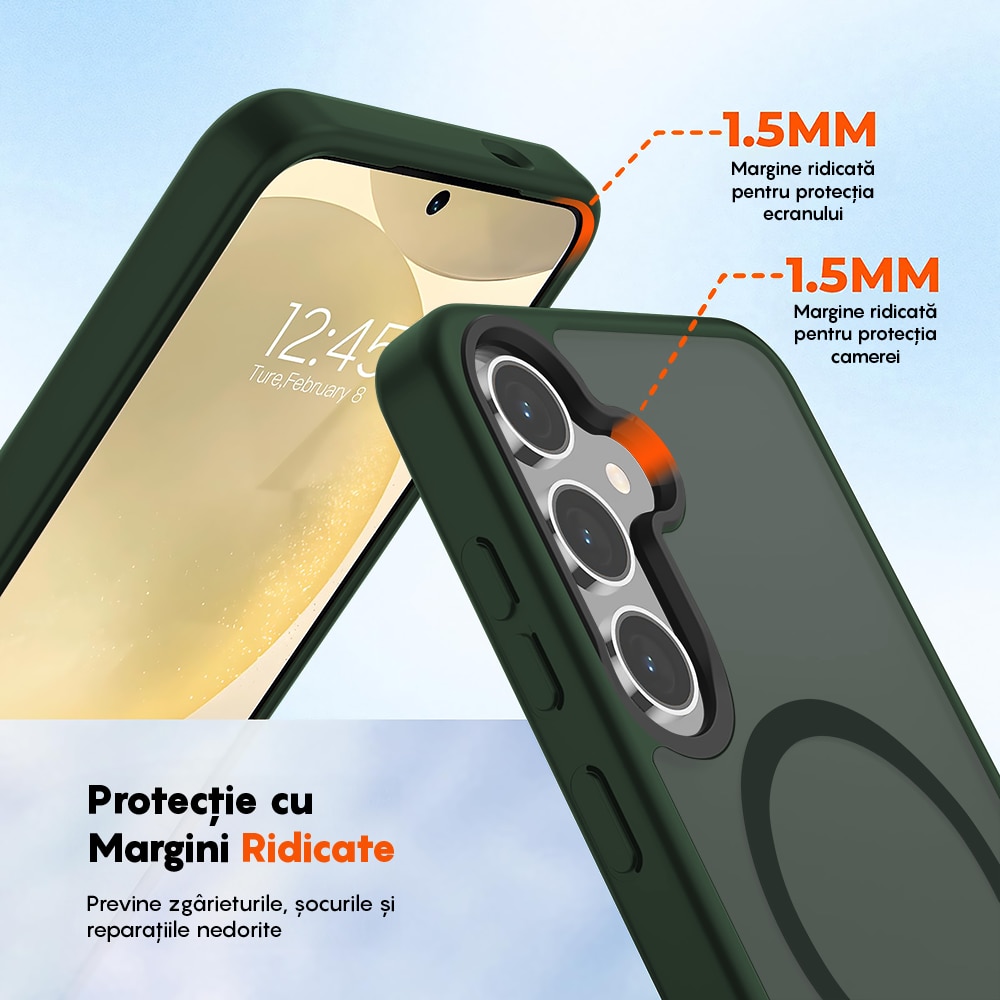 Husa compatibila cu Incarcare Magsafe pentru Samsung Galaxy S25 Plus, CASEY STUDIOS™, de Protectie, Slim, pentru Incarcare Wireless, Margini Ridicate pentru Protectia Ecranului si a Camerelor, Verde