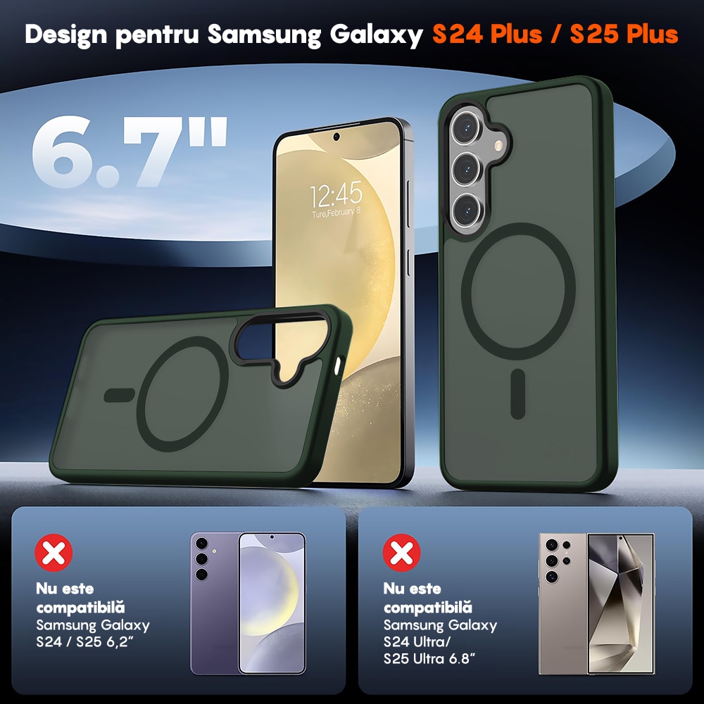 Husa compatibila cu Incarcare Magsafe pentru Samsung Galaxy S25 Plus, CASEY STUDIOS™, de Protectie, Slim, pentru Incarcare Wireless, Margini Ridicate pentru Protectia Ecranului si a Camerelor, Verde