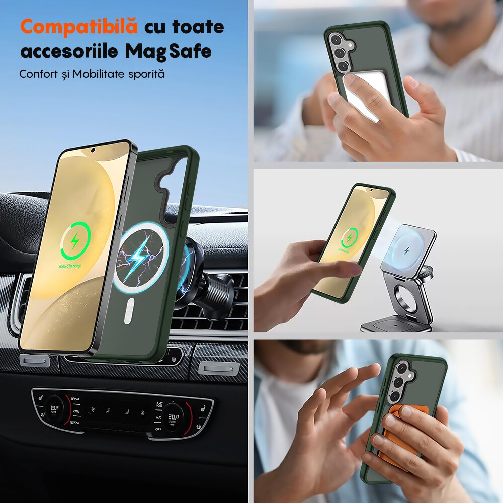 Husa compatibila cu Incarcare Magsafe pentru Samsung Galaxy S25 Plus, CASEY STUDIOS™, de Protectie, Slim, pentru Incarcare Wireless, Margini Ridicate pentru Protectia Ecranului si a Camerelor, Verde