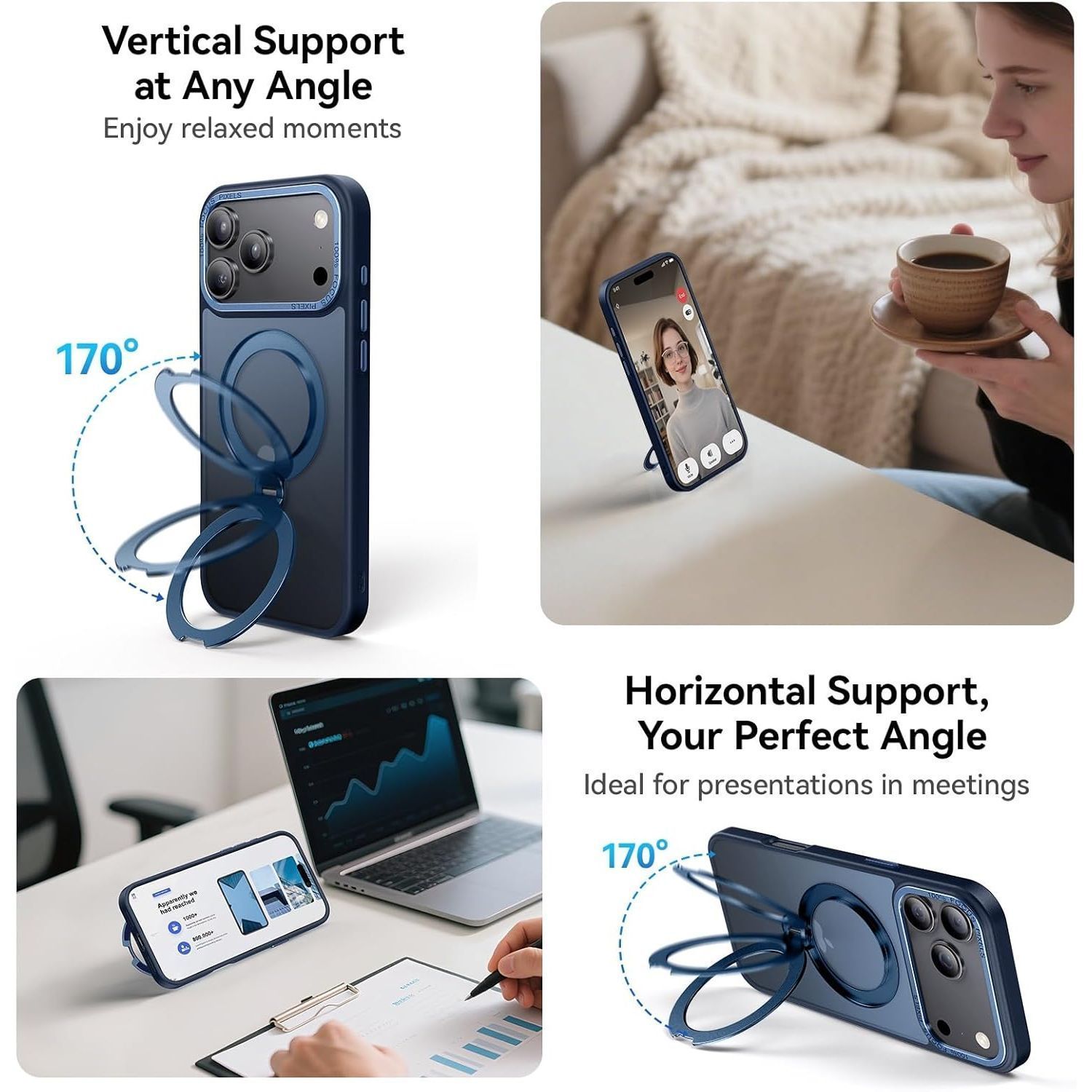 Husa pentru iPhone 17 Pro Max, Magnetic MagSafe, Suport Rotativ Magnetic 360, Albastru /Transparent