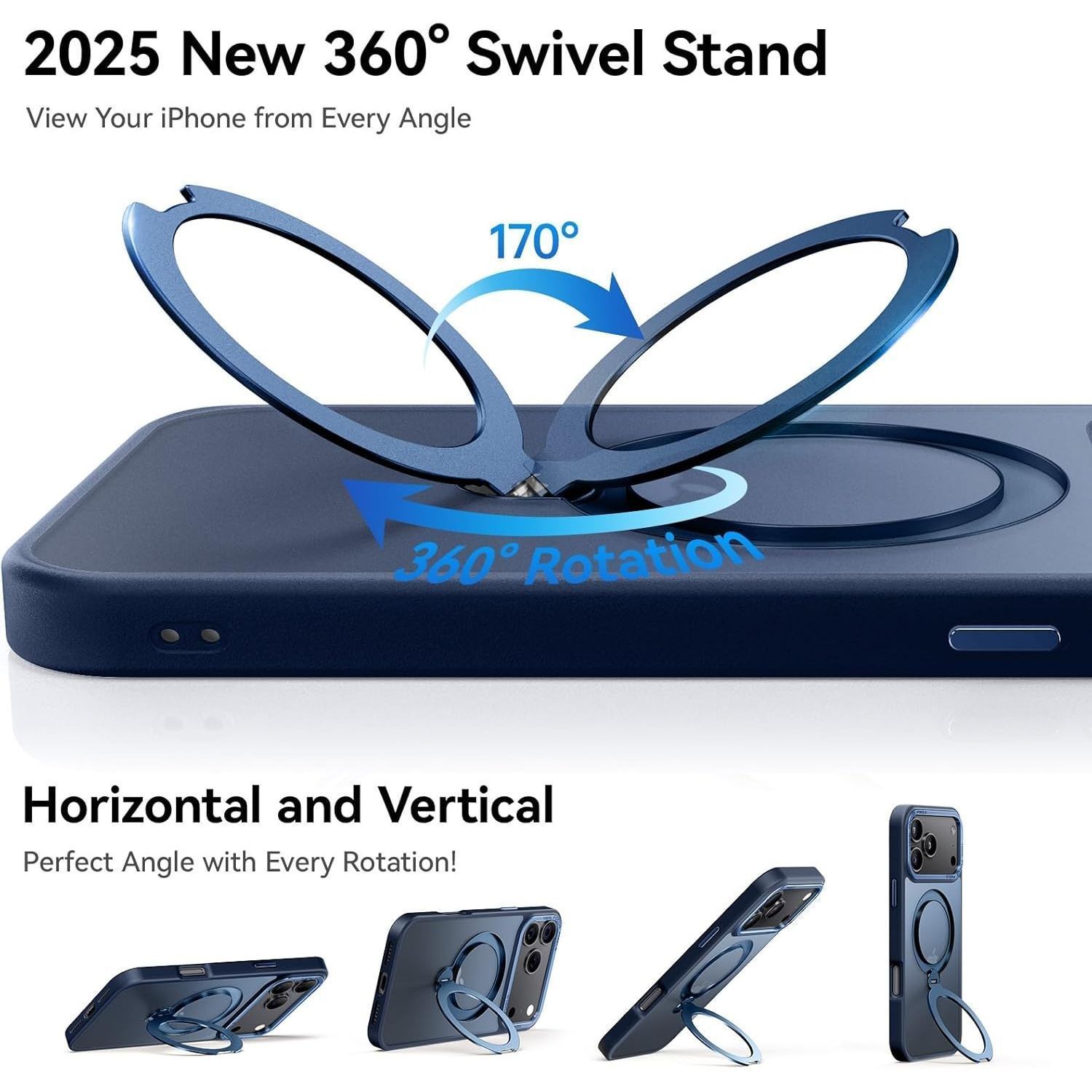 Husa pentru iPhone 17 Pro Max, Magnetic MagSafe, Suport Rotativ Magnetic 360, Albastru /Transparent