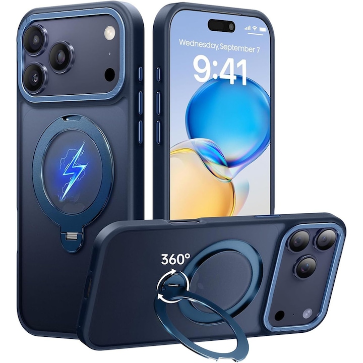Husa pentru iPhone 17 Pro Max, Magnetic MagSafe, Suport Rotativ Magnetic 360, Albastru /Transparent