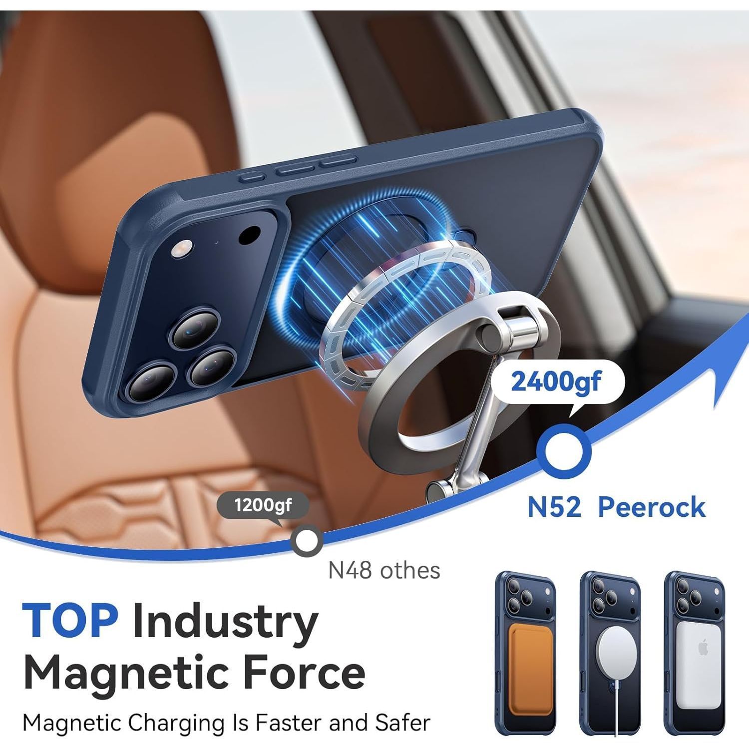 Husa pentru iPhone 17 Pro Max, Magnetic MagSafe, Suport Rotativ Magnetic 360, Albastru /Transparent