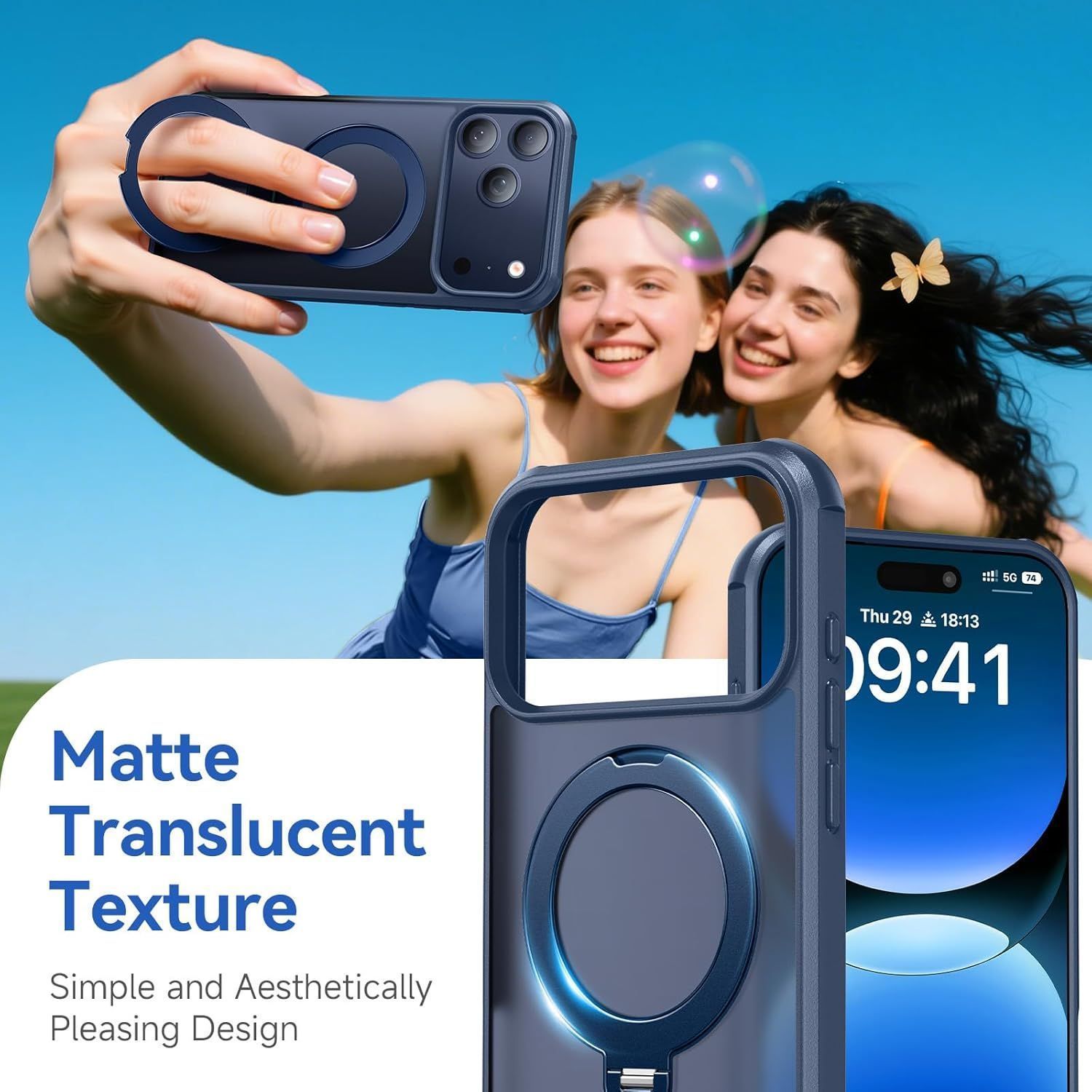 Husa pentru iPhone 17 Pro Max, Magnetic MagSafe, Suport Rotativ Magnetic 360, Albastru /Transparent