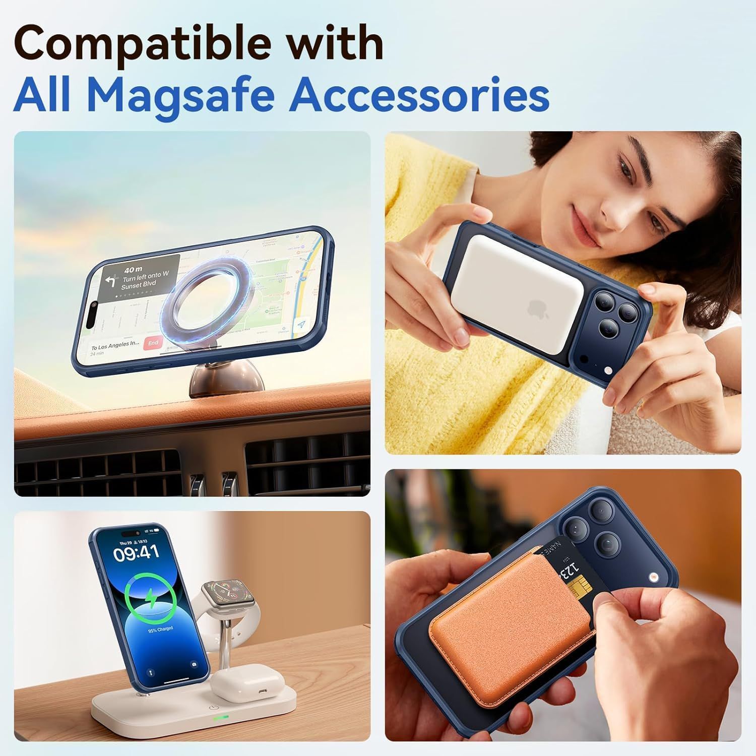 Husa pentru iPhone 17 Pro Max, Magnetic MagSafe, Suport Rotativ Magnetic 360, Albastru /Transparent