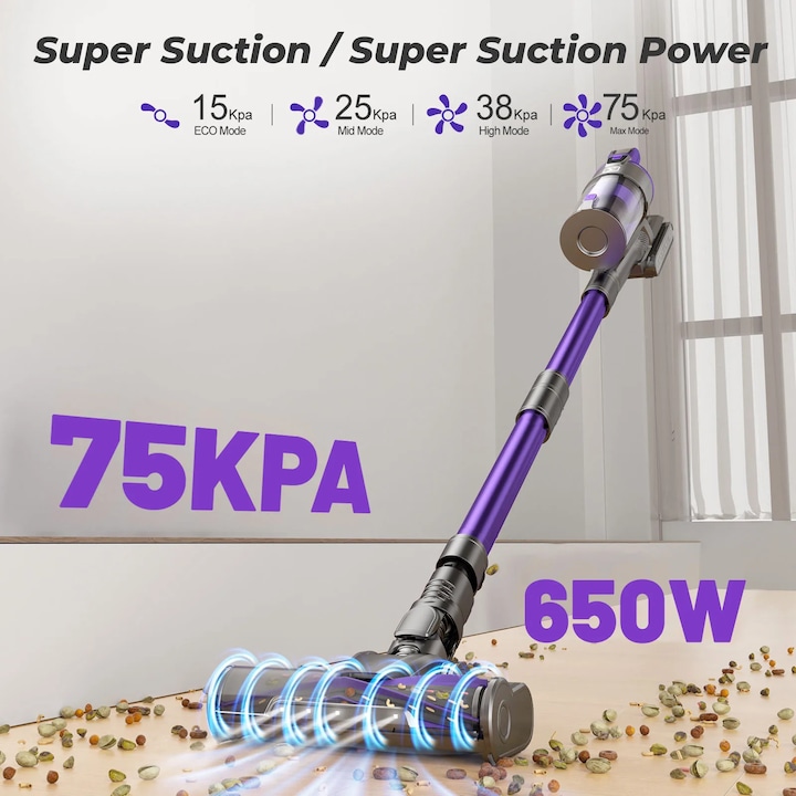 Aspirator fara fir, 75KPA, 70 minute autonomie, 1-2 L capacitate cutie de praf, 12x10x44 inch