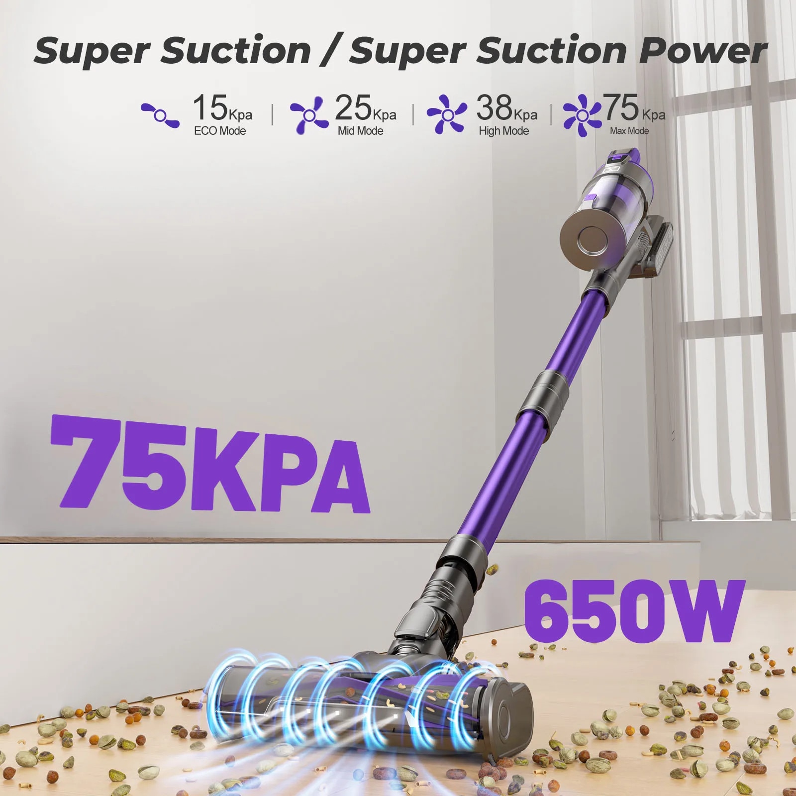 Aspirator fara fir, 75KPA, 70 minute autonomie, 1-2 L capacitate cutie de praf, 12x10x44 inch