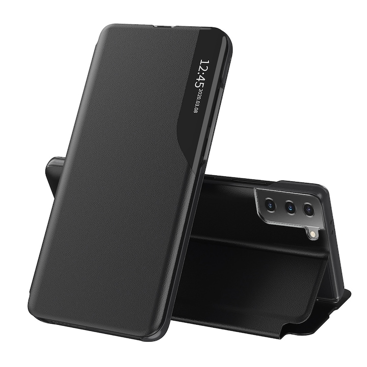 Husa compatibila cu Samsung Galaxy S21 FE 5G, Minimalist Design, U41, Piele ecologica, Pitch Black