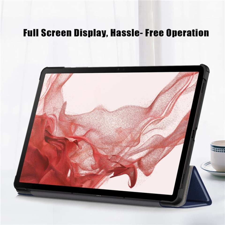 Husa tableta pentru Samsung Galaxy Tab S9 / S9 FE / S10 FE, SKYDDAR INNOVATION, cu suport Multi-Unghi si functie Sleep/Wake, FoldPro, Albastru, set cu sticker