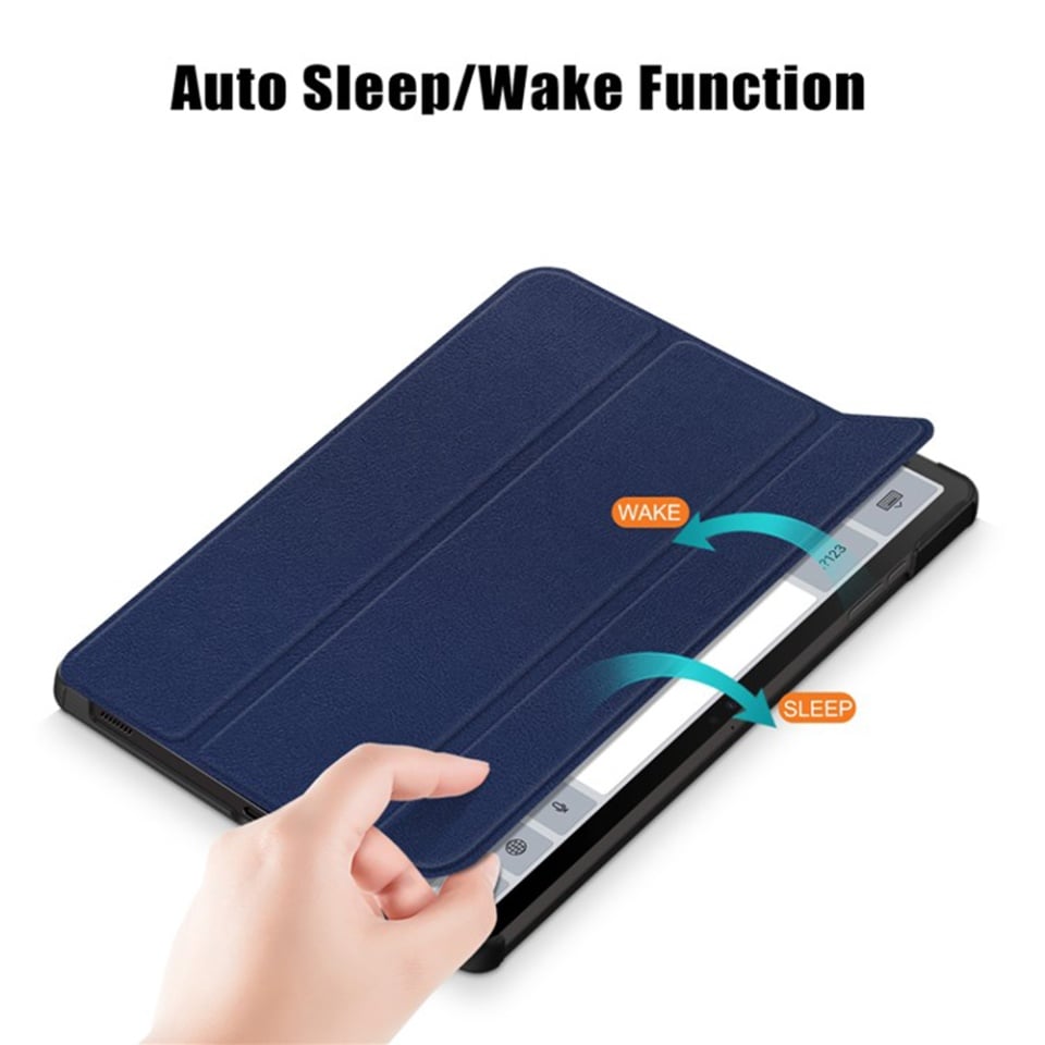 Husa tableta pentru Samsung Galaxy Tab S9 / S9 FE / S10 FE, SKYDDAR INNOVATION, cu suport Multi-Unghi si functie Sleep/Wake, FoldPro, Albastru, set cu sticker