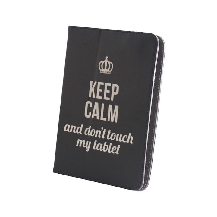 Husa BookStand, universala, pentru Tablete intre 9 si 10”, din piele organica, Model Keep Calm, Negru