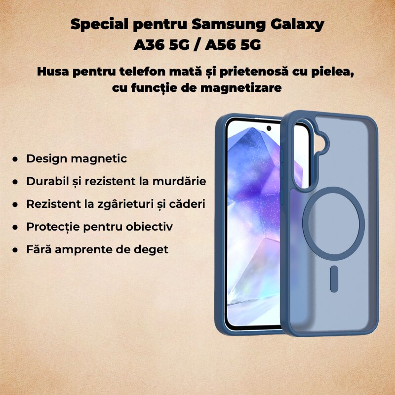 Carcasa magnetica pentru Samsung Galaxy A36/A56 5G, TPU+PC, albastru, antichoc, mat – Rezistenta la Amprente, Protectie Totala, Cu Inel Magnetic, MagSafe, Wireless