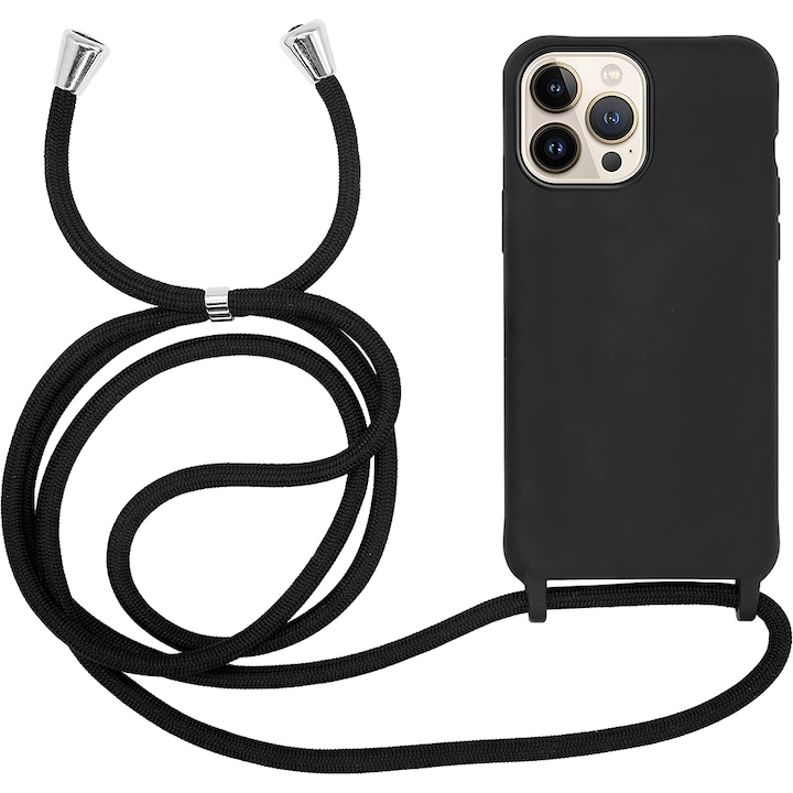 Husa G-Tech Strap, Compatibil cu Apple iPhone 14 Pro, Snur prindere la gat reglabil, TPU, Negru