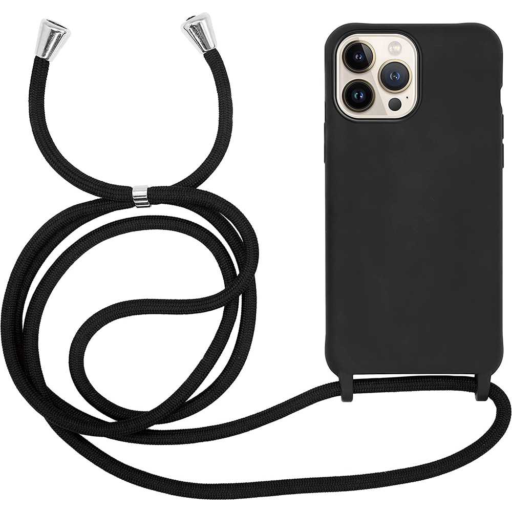 Husa G-Tech Strap, Compatibil cu Apple iPhone 14 Pro, Snur prindere la gat reglabil, TPU, Negru