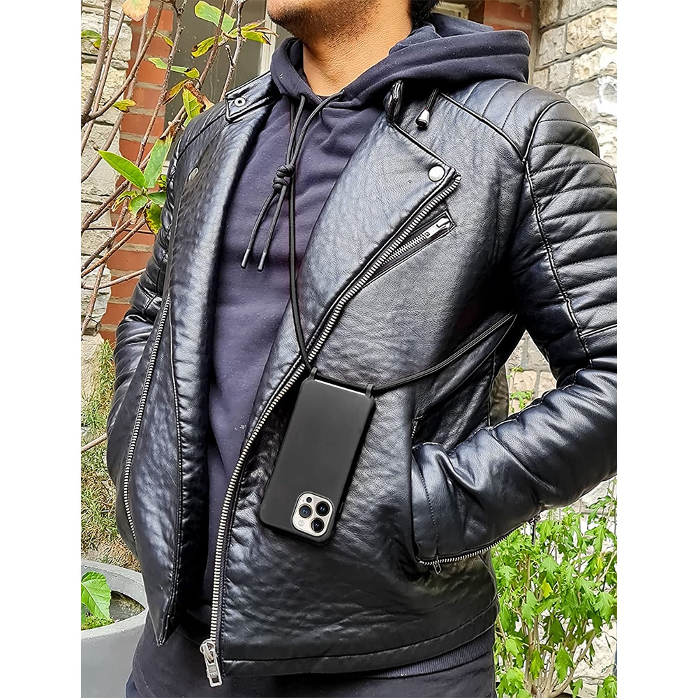 Husa G-Tech Strap, Compatibil cu Apple iPhone 14 Pro, Snur prindere la gat reglabil, TPU, Negru
