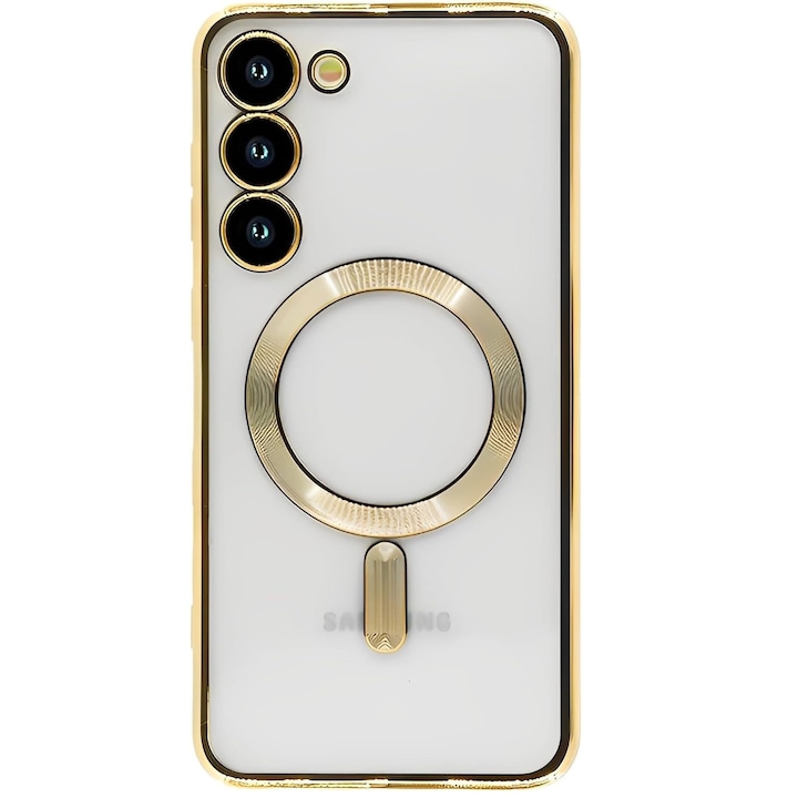 Husa compatibila cu Samsung Galaxy S23, ALC MOBILE, pentru telefon mobil cu protectie pentru camera, Tehnologie MagSafe, rezistenta la socuri, contur Gold