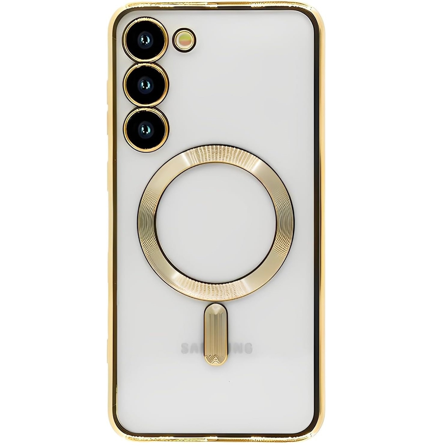 Husa compatibila cu Samsung Galaxy S23, ALC MOBILE, pentru telefon mobil cu protectie pentru camera, Tehnologie MagSafe, rezistenta la socuri, contur Gold