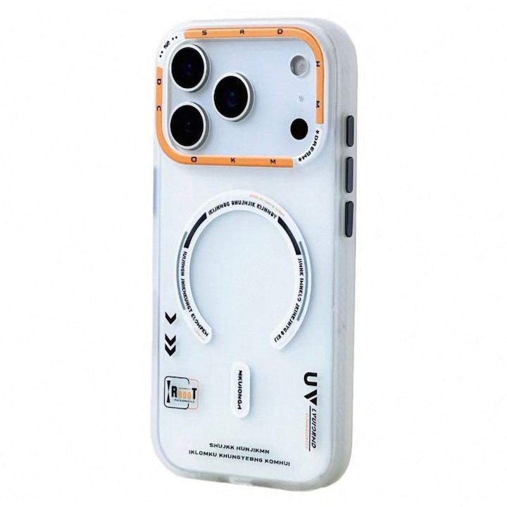 Husa de Protectie, Compatibila cu Apple iPhone 17 Pro Max, Premium Design, Model Retro, MagSafe, Alb mat/Portocaliu