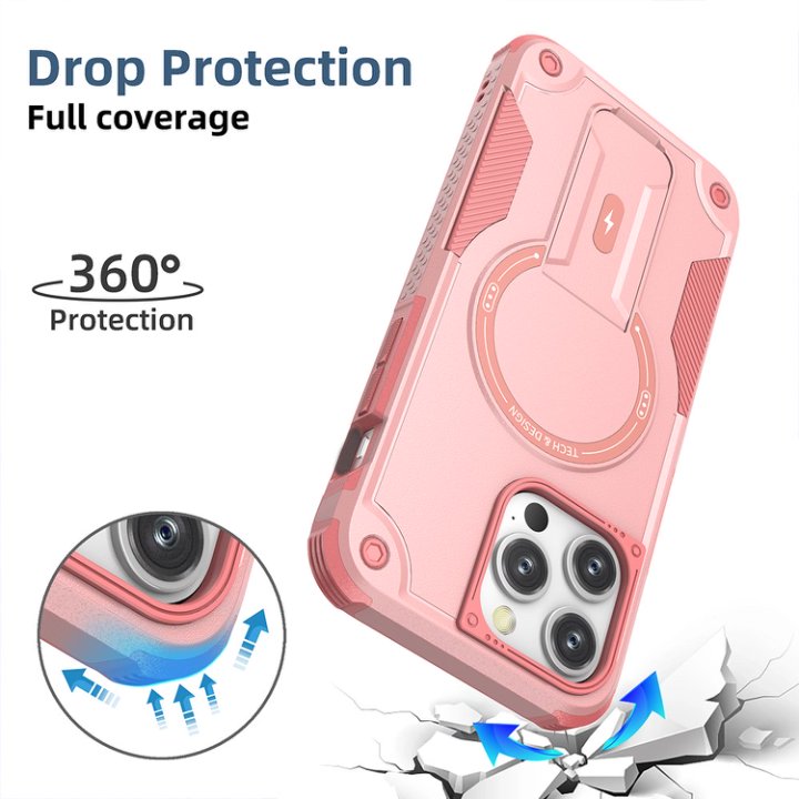 Husa Bumper Compatibil cu iPhone 15 Pro Max, Protectie 4 Colturi Anti-soc, Suport Fix, MagSafe Compatibil, Magnet Puternic, PC + TPU, Roz