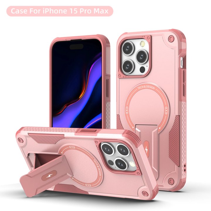Husa Bumper Compatibil cu iPhone 15 Pro Max, Protectie 4 Colturi Anti-soc, Suport Fix, MagSafe Compatibil, Magnet Puternic, PC + TPU, Roz