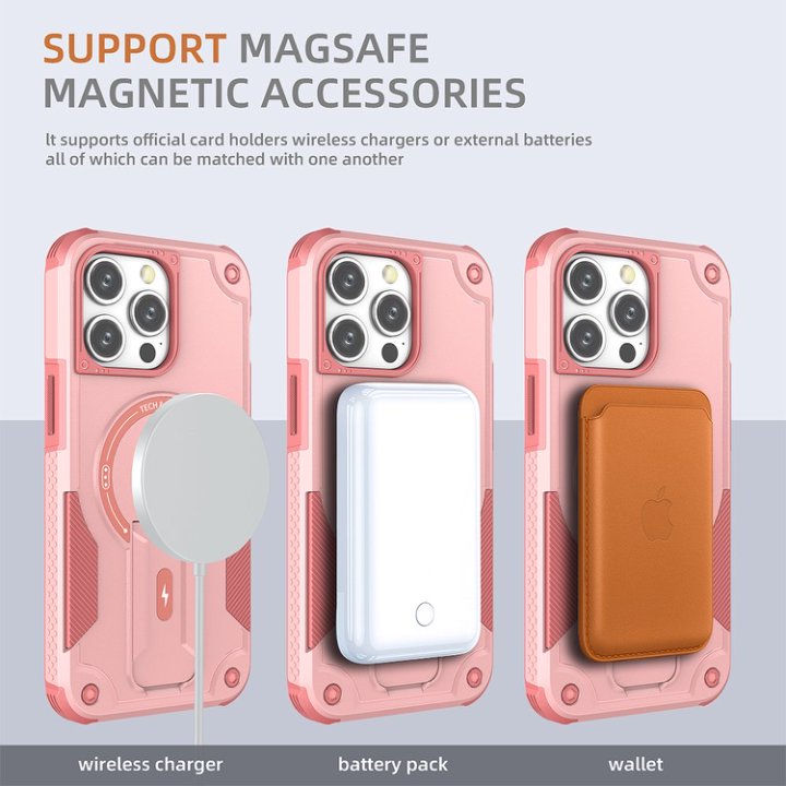 Husa Bumper Compatibil cu iPhone 15 Pro Max, Protectie 4 Colturi Anti-soc, Suport Fix, MagSafe Compatibil, Magnet Puternic, PC + TPU, Roz