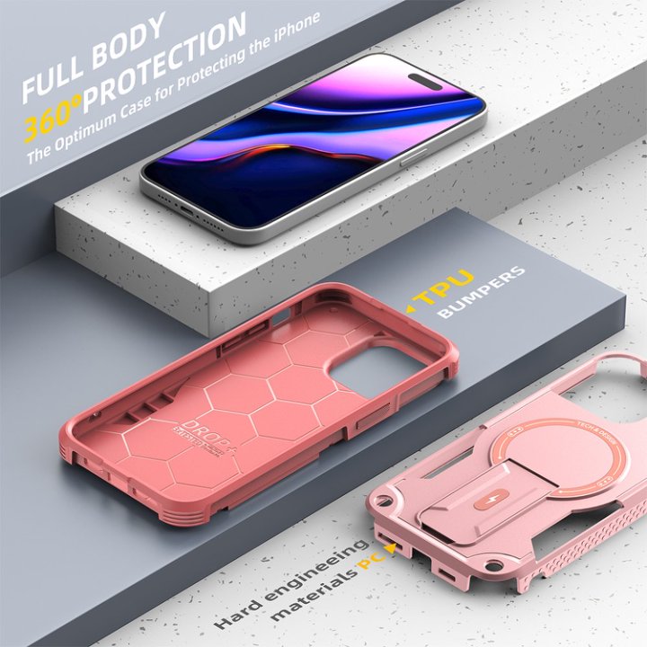 Husa Bumper Compatibil cu iPhone 15 Pro Max, Protectie 4 Colturi Anti-soc, Suport Fix, MagSafe Compatibil, Magnet Puternic, PC + TPU, Roz