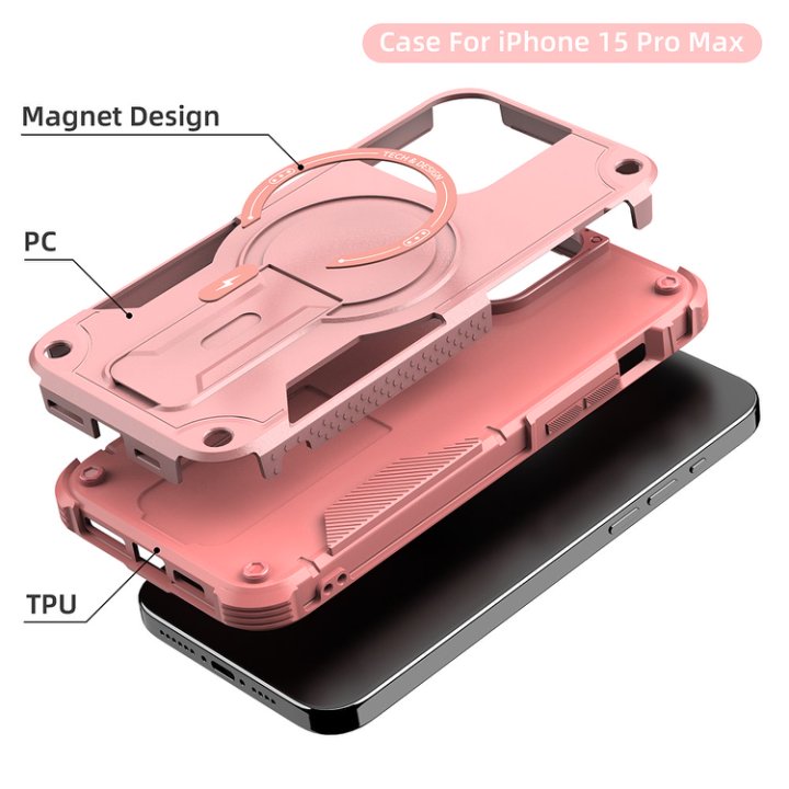 Husa Bumper Compatibil cu iPhone 15 Pro Max, Protectie 4 Colturi Anti-soc, Suport Fix, MagSafe Compatibil, Magnet Puternic, PC + TPU, Roz