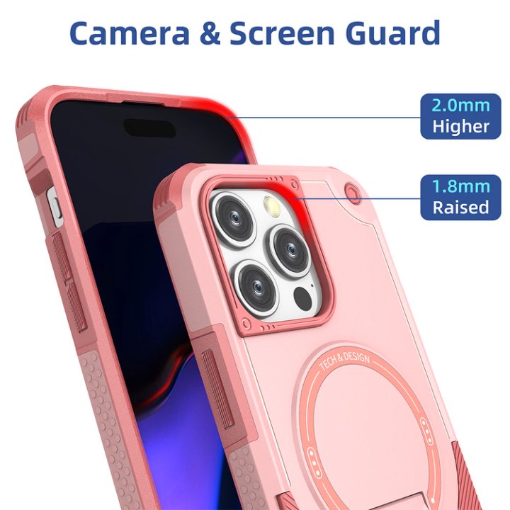 Husa Bumper Compatibil cu iPhone 15 Pro Max, Protectie 4 Colturi Anti-soc, Suport Fix, MagSafe Compatibil, Magnet Puternic, PC + TPU, Roz