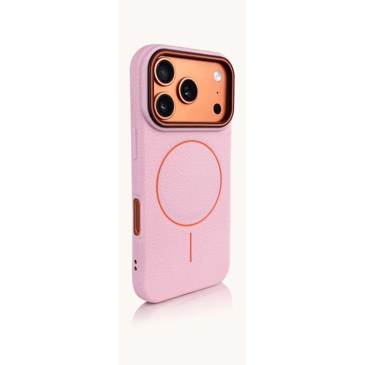 Husă Magnetică pentru iPhone 17 Pro Max, Case, TPU Textură Piele, Roz, Margini Ridicate