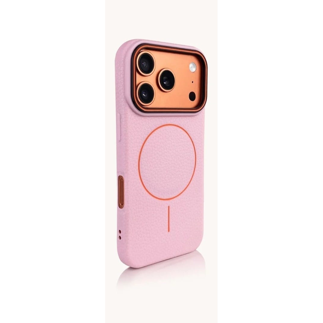 Husă Magnetică pentru iPhone 17 Pro Max, Case, TPU Textură Piele, Roz, Margini Ridicate