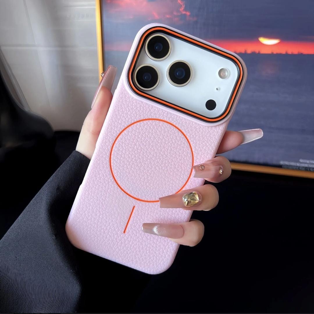 Husă Magnetică pentru iPhone 17 Pro Max, Case, TPU Textură Piele, Roz, Margini Ridicate