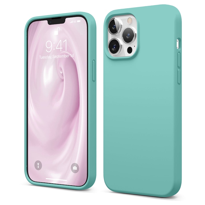 Husa CASEY STUDIOS™ pentru Apple iPhone 13 Pro Max, Soft Silicone Premium, Microfibra in Interior, Turqoise, de Protectie, Ultra Slim, pentru Incarcare Wireless, Margini Ridicate pentru Protectia Ecranului si a Camerelor