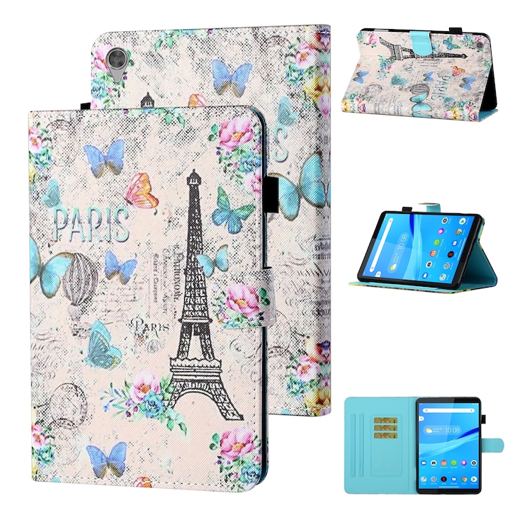 Husa tableta pentru Lenovo Tab M10 HD 2nd Gen TB-X306X, piele PU + TPU, tip carte cu suport si sloturi pentru carduri si pen, culoare cu desen colorat, protectie anti-alunecare, sleep/wake-up